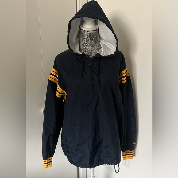 Vintage Champion Lined Windbreaker Pullover Jacket S | 90s Navy/Gold Striped - Picture 3 of 16
